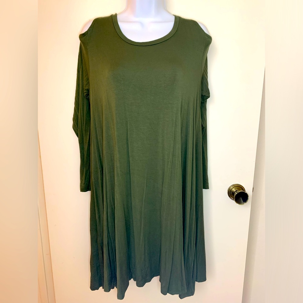 Army green jersey peekaboo shoulder dress